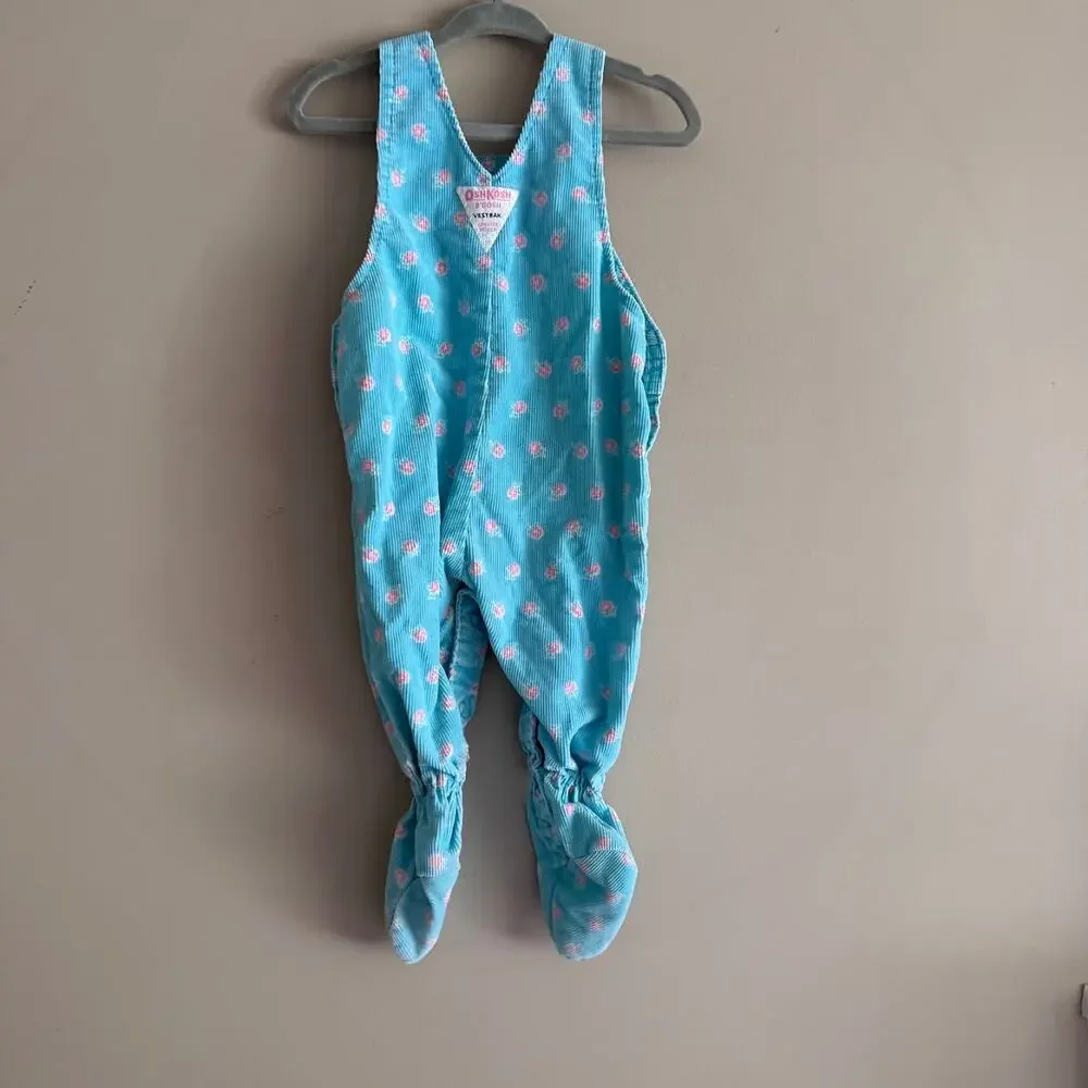 Vintage OshKosh B'Gosh Blue Corduroy Pink Flower Baby Overalls 6-9 Months - READ